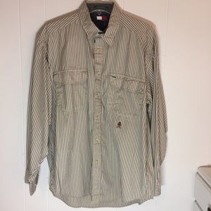 Vintage Tommy Hilfiger Tan Blue Striped Long Sleeve Button Down Shirt